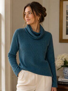 J.Crew Teal & White Herringbone Cowl Neck Pullover Sweater XS Cozy Classic